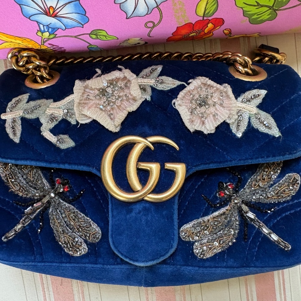❌ SOLD Gucci Blue Velvet Embroidered GG Shoulder Bag